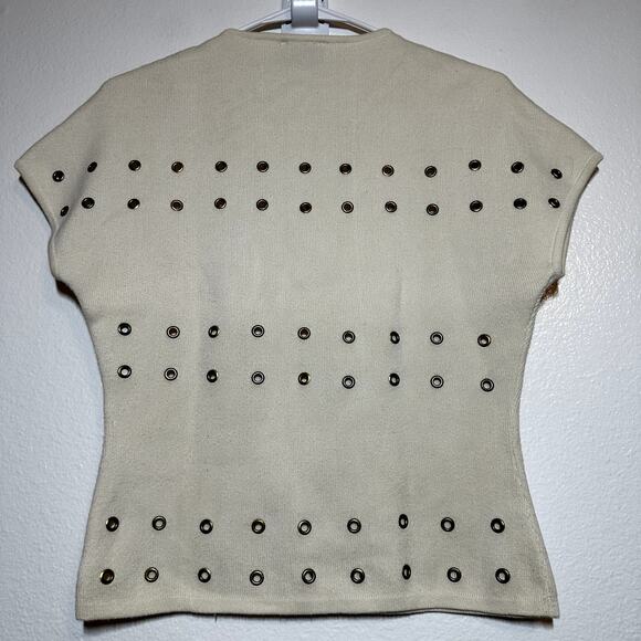 Vintage Emanuel Ungaro Grommet Top 100% Cotton 90s Dolman Crewneck Knit Ivory S - Picture 5 of 5